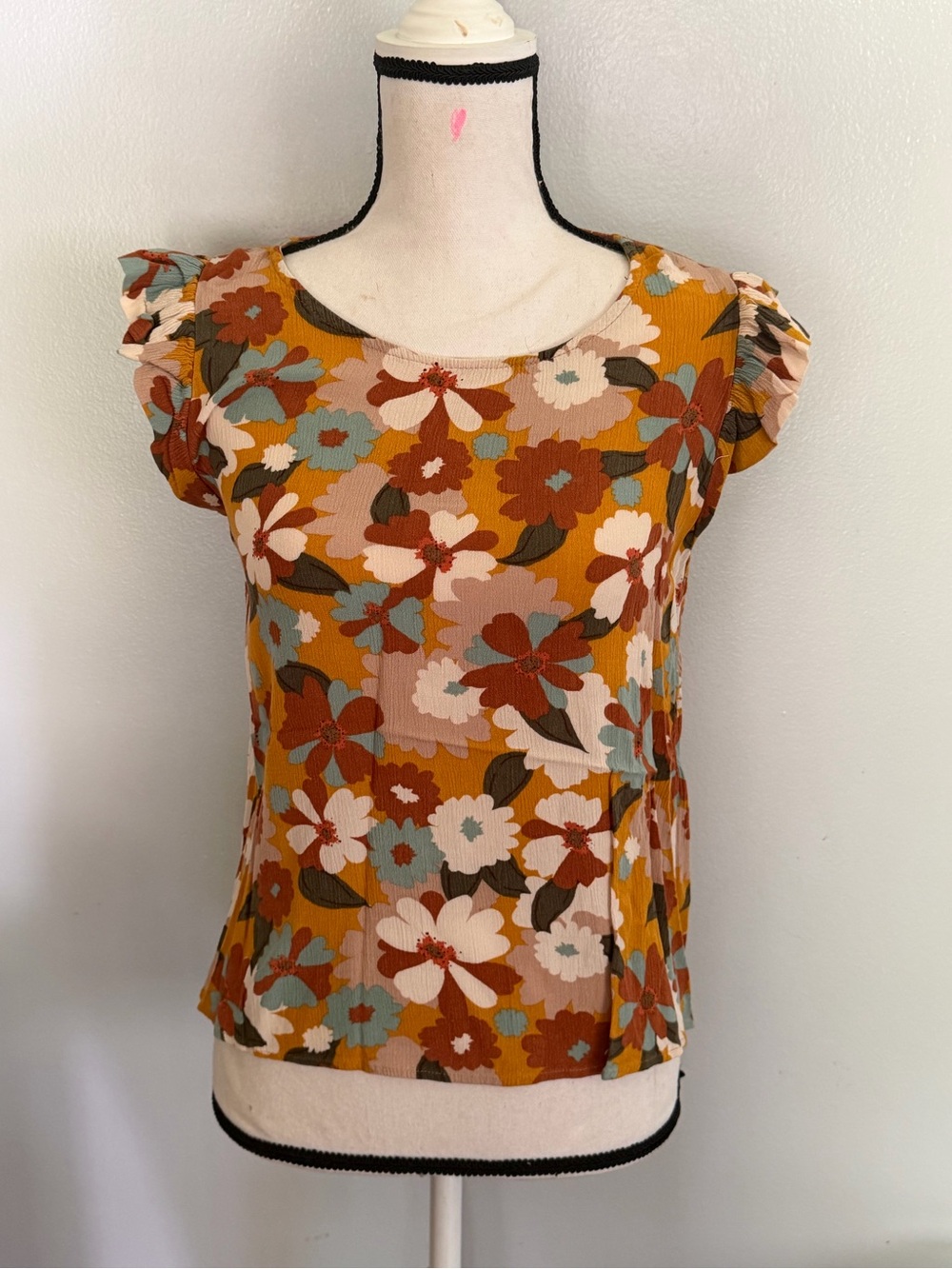 Mustard Floral Scoop Neck Ruffle Sleeve Camisole